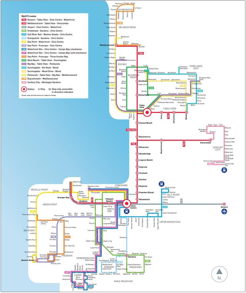 کیپ ٹاؤن myciti بس روٹ کا نقشہ